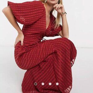 Asos Redish Burgundy Textured Puff Sleeve Wrap dress